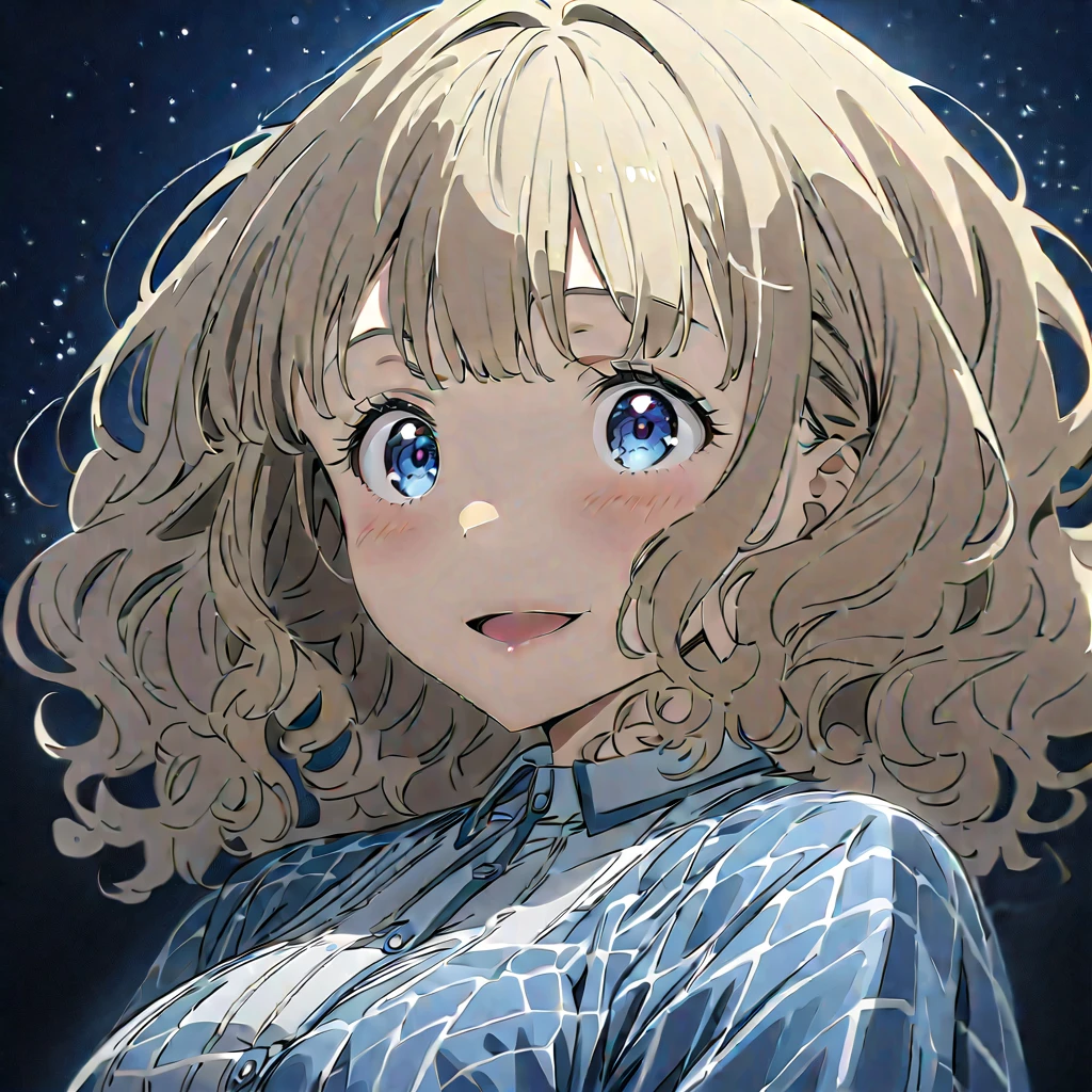 (((masterpiece))),((( best quality))),((( Extremely detailed))),  1 girl, Alone, Yanami_Anna (Make-in), Big Breasts,  dark blue eyes, Blonde, Thick Hair, curly hair, Double Exposure, smile,  excited ,