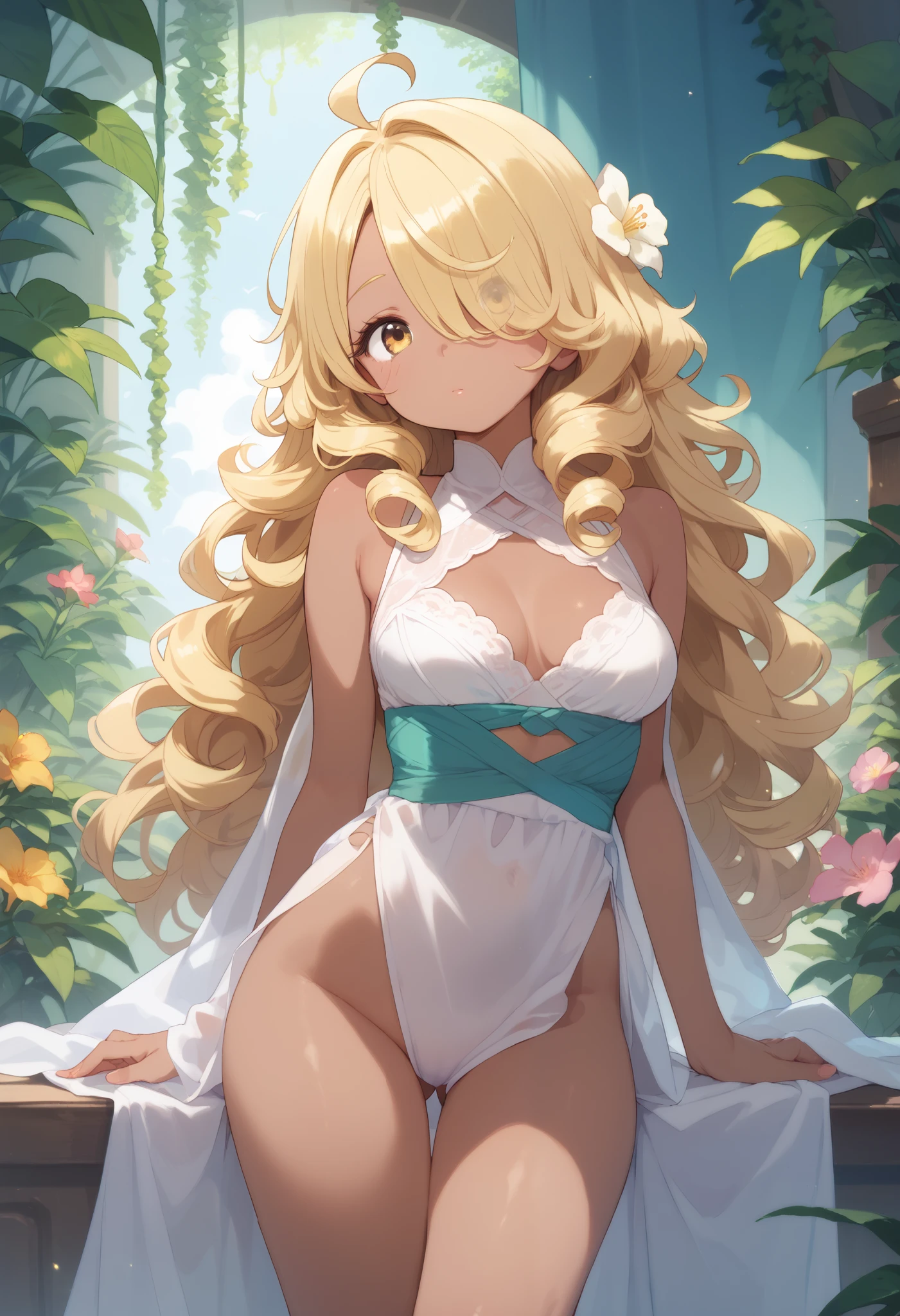 score_9, score_8_up, score_7_up, Blonde hair, long curly hair, hair over one eye, yellow eyes, long hair, dark skin, ahoge, thigh, cute, sexy, sexy hips, background flower,