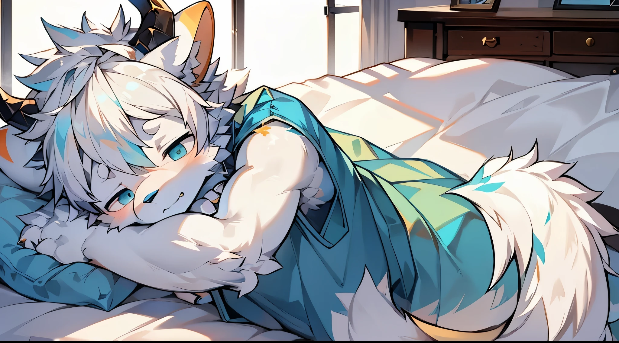 Score_9, score_8_up, score_7_up, source_cartoon, Anthro male, A white dragon, white dragon with silver highlights on scales, platinum dragon wings, closed eyes, short white hair, white beard, wearing white peasants clothing, shirt, pants, lying in a bed, he is sick, holding his head, upper body shot, lying in a royal, bed, on his back, under a blanket, in a kings bedroom,