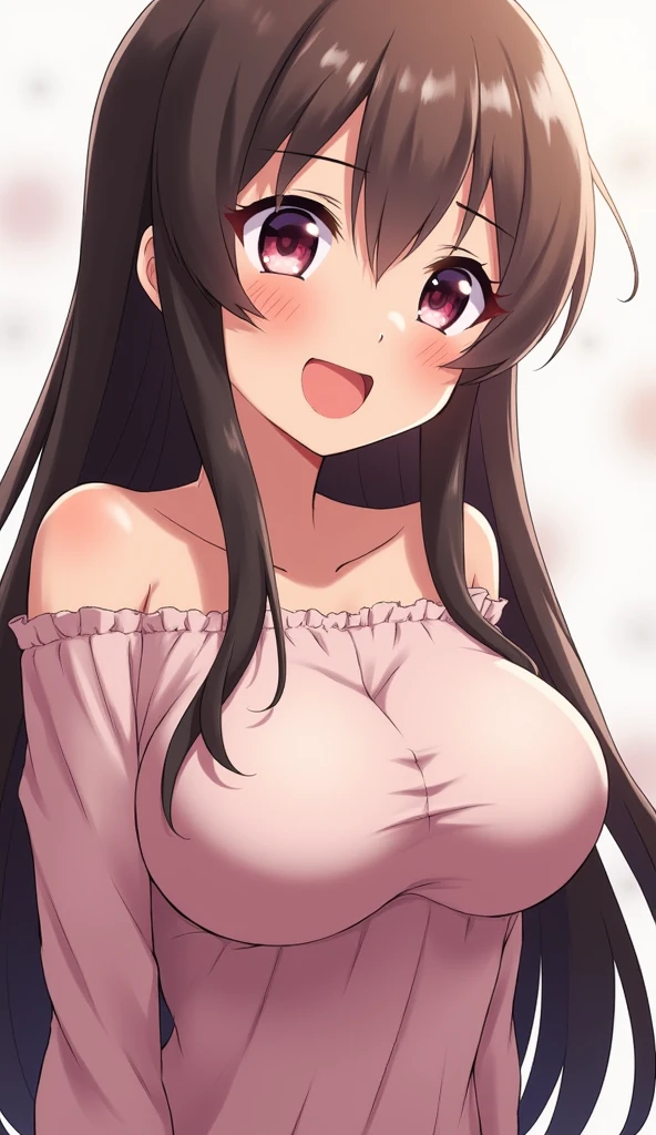 (beautiful detailed eyes:1.5, beautiful detailed face:1.2, beautiful detailed hair), Murrue Ramius, a woman, red eyes, blush, (milf, wife, sexy, Curvy), (brown hair, long hair, bangs), (sagging large breasts:1.5), (topless:1.3, nipples), arms behind back, leaning fowrd, upper body, standing, (Perfect detailed Anatomy, beautiful detailed hair, perfect female body:1.2, shiny skin), (thick outline, Beautiful outlines, black outlines), simple background:1.5