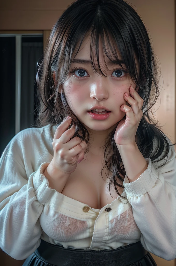 (8K, Raw photo:1.2),Detailed face and eyes,Best Quality, 超A high resolution, Highly detailed ,intricate detailes ,masutepiece ,Cute Girl , Soft cinematic light, Hyper-detailing,Sharp Focus, High quality,Sweat, ( Juice:1.3), ( Silly:1.3), blush, (Saliva:1.1), (Spread legs), (cum on chest:1.2), (cum on hair:1.2), (Bukkake:1.4), (NSFW:1.3), (cum on facial:1.4), looking up viewer, tits out