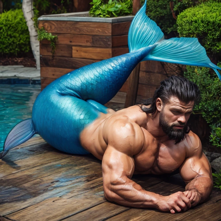  Muscular male bodybuilder with blue muscular mermaid tail. Lying and sleeping on a wood. He is oiled and wet. black long hair, black beard. back and ass. It's raining