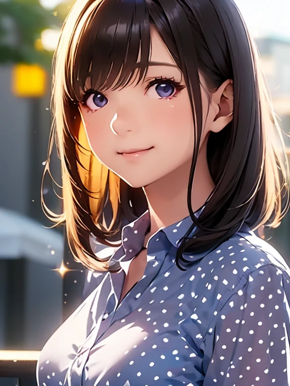   high definition  ,In 8K, best quality , Details,Semi-realistic anime, D-anime style, Smooth Anime CG , one girl, 19-year-old Japanese woman, very cute ,((beauty)), slim,modeling,((Sparkling Eyes)),(( medium hair)),((( black collared shirt))), pink lips, Shiny brown hair, Detailsな顔,Beautiful and  Details,,((深い青紫色のSparkling Eyes)),(Shut your mouth.),(Laughter),((white polka dot shirt)),( open chest shirt),((beautiful jade bokeh background ))