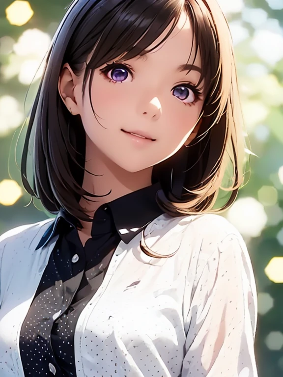   high definition  ,In 8K, best quality , Details,Semi-realistic anime, D-anime style, Smooth Anime CG , one girl, 19-year-old Japanese woman, very cute ,((beauty)), slim,modeling,((Sparkling Eyes)),(( medium hair)),((( black collared shirt))), pink lips, Shiny brown hair, Detailsな顔,Beautiful and  Details,,((深い青紫色のSparkling Eyes)),(Shut your mouth.),(Laughter),((white polka dot shirt)),( open chest shirt),((beautiful jade bokeh background ))