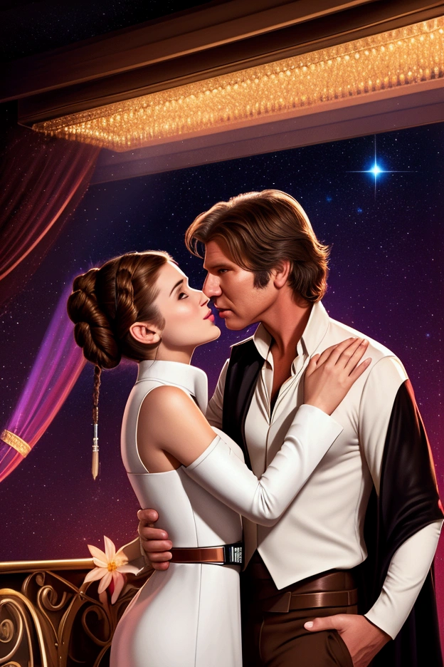 Glamorous male character resembling Harrison Ford as Han Solo,brown hair, brown eyes, Royal White Velvet Smoking Jacket Costume Homme Suit Men with flower. Female character resembling Young Carrie Fisher as Young Princess Leia from Star Wars, sparkling red evening gown with high slit, long flowing brown hair, brown eyes, elegant white gloves. Scene set in a nightclub on stage, soft colorful lighting, musical instruments backdrop. Characters smiling at each other, Han kissing Leia,love couples,Handsome Man Touching Leg Kissing Seductive Woman,exuding confidence, allure, striking makeup, poised posture, digital illustration, detailed, vibrant colors, glamorous ambiance, by renowned artist, Artstation.