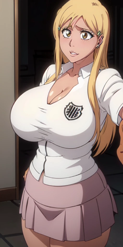 Orihime Inoue,Bleach artstyle,Big breast,Enchanted big breast,Thick lips,Circle piercing in lips,((((White shirt school uniform)))),Cleavage,(((short gray skirt)))Curvy figure,Plump,Hoopa bracelet,Long nail,Side burn visible,look at viewer,(((yellow blond color hair))),((head facing front)),High quality,Highres,Humongous big breast,visible ear,Big cleavage,light blush,Stud earring,A lot of piercing,((black Chocker)),Hyper Detail,((dark colored Skin)),((tanned Gyaru)),Crossing arm,Messy hair,Detailed lips,Colorless lips,puckered smile,unbuttoned collar shirt,mono color hair,((Shura messy hair)),See throught leopard print bra,Half eyes open,Solo,1girl,light blush,Glossy lips,((Himecut bang hair)),flirty,Enchanted big breast,