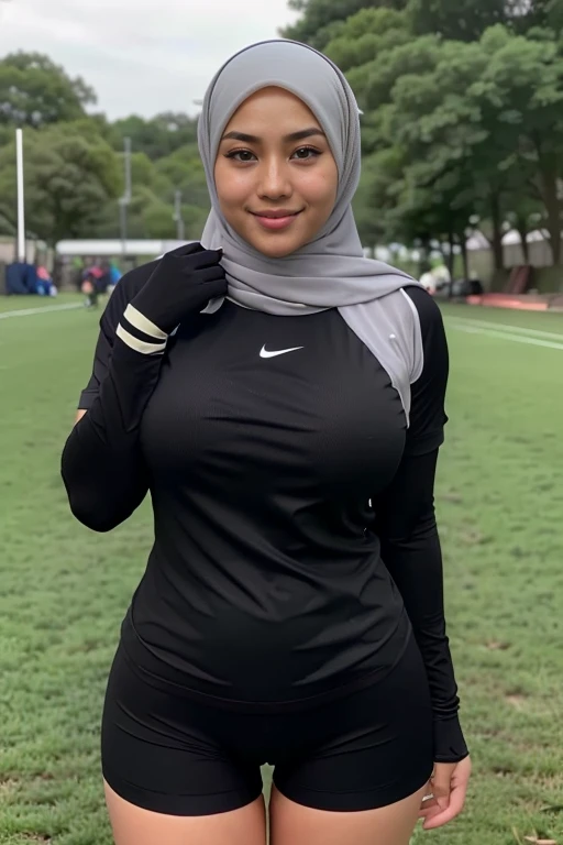 RAW, Best quality, high resolution, Masterpiece: 1.3), Beautiful malay woman in rugby outfit wearing shawl style hijab, non naked, wearing jersey outfit, flawless face, cute face, pretty malay face, beautiful white teeth, Masterpiece, Perfect plump body, full body, sexy rugby outfit, ((beautiful big breasts, tight big breasts)) short hair, ((wearing black shawl style hijab, wide and long hijab)), covered in cum, soaked in semen, beautiful big eyes, watery eyes, Soft smile, smiling, breezy, skin details, skin texture details, wide hips, thick thighs, sexy plump body, morning time, happy, bright sunshine, at football field, blurred background, bokeh, ((black and grey outfit, wearing very tight rugby jersey shirt short sleeves, wearing black handsocks, wearing tight shorts, wearing black long socks, wearing sweater)), ((standing, spreading legs, sexy legs)), ((wearing long black gloves))