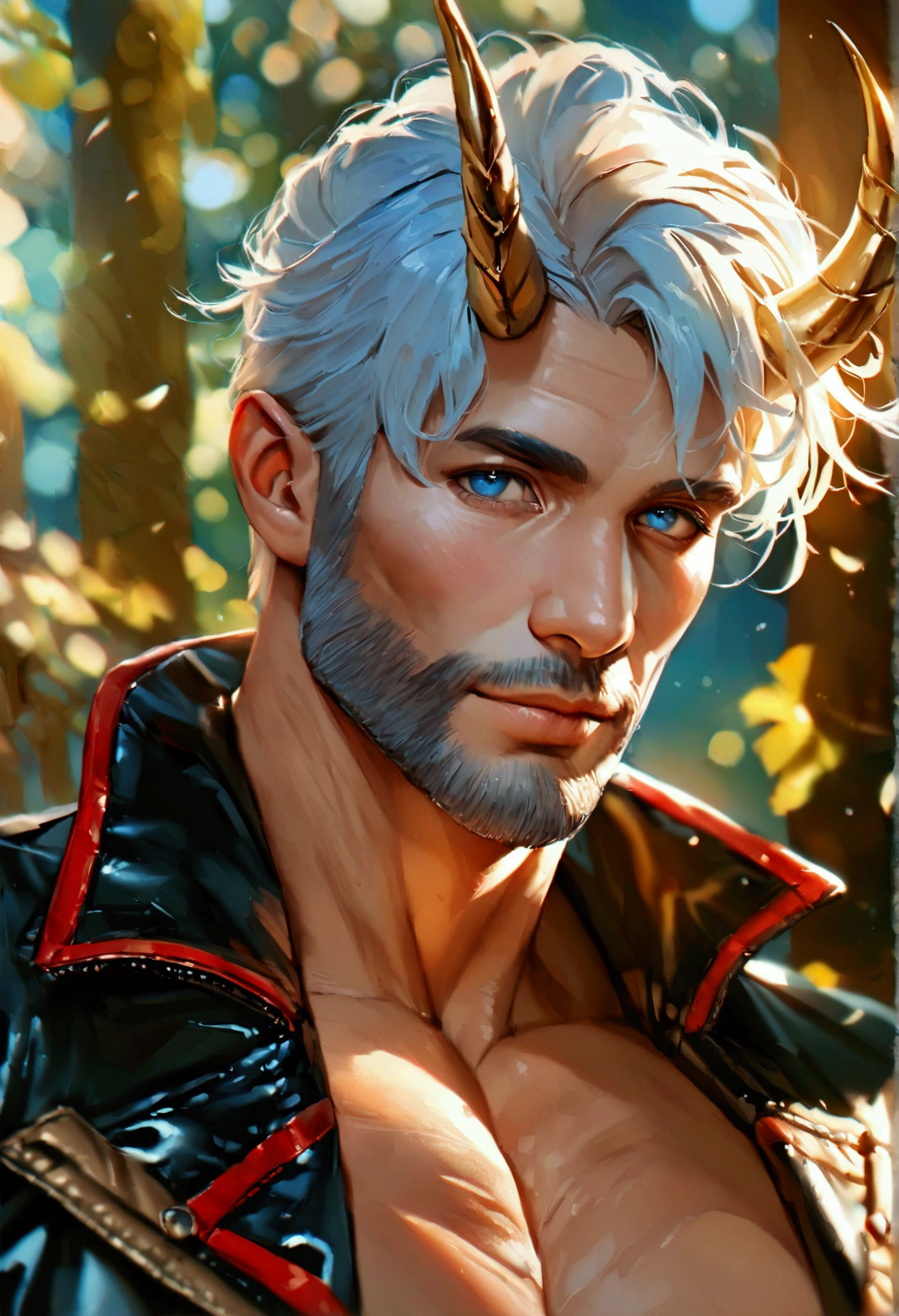 one man, middle-aged man, handsome, 53 year old, blonde hair, quiff sides and tape hairstyle, golden double little horns in temples, blue eyes, friendly smile, more prominent muscular body, larger muscles, bodybuilder bodyshaped, more prominent muscular legs, black sweater, black-v stripped red leather jacket, black trousers with red Y strips, closer distance face, closer distance head, looking at viewers, realistic quality, ultra-realistic style, hyperrealistic, hyperdetail, aesthetic, dreamy, HD, High Quality, masterpiece, best quality, 8k resolution 