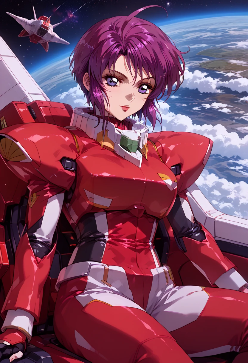 Lunamaria Hawke、Gundam Seed Destiny、 slender、 redhead、Purple Hair、Ahoge、 red pilot suit、 cockpit、 Anime Style 、 short cut hair、 High Quality 、High image quality、 outer space 、Impulse Gundam