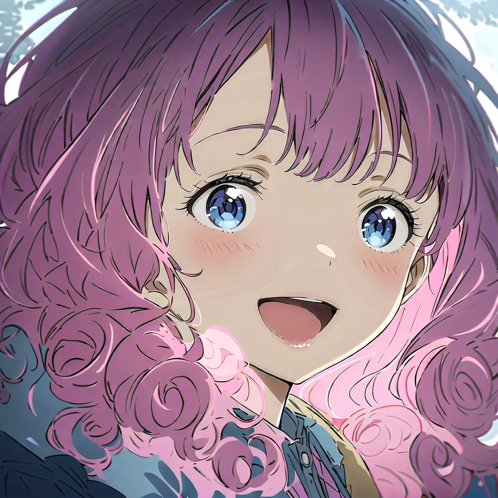 (((masterpiece))),((( best quality))),((( Extremely detailed))),  1 girl, Alone, Yanami_Anna (Make-in),   dark blue eyes,  pink hair, Thick Hair, curly hair, Double Exposure, smile,  excited ,