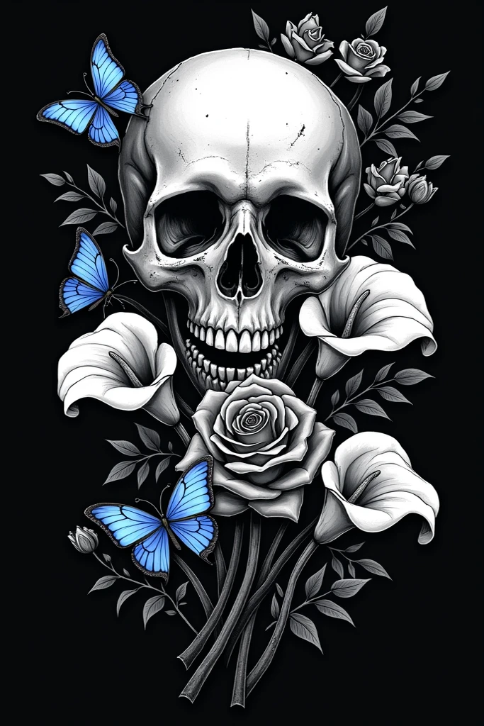 Line drawing, Pixar style, coloring page, skull tattoo resting among vibrant orchids in an Asian-inspired ColoringBookAF,blank white background,ColoringBookRedmond-ColoringBook