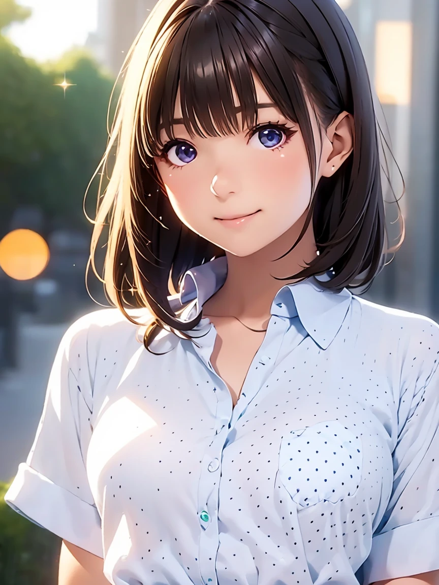   high definition  ,In 8K, best quality , Details,Semi-realistic anime, D-anime style, Smooth Anime CG , one girl, 19-year-old Japanese woman, very cute ,((beauty)), slim,modeling,((Sparkling Eyes)),(( medium hair)),((( black collared shirt))), pink lips, Shiny brown hair, Detailsな顔,Beautiful and  Details,,((深い青紫色のSparkling Eyes)),(Shut your mouth.),(Laughter),((white polka dot pattern on a black shirt)),( open chest shirt),((beautiful jade bokeh background ))