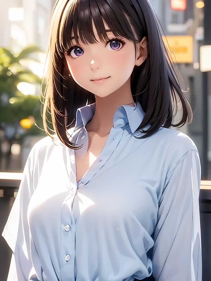   high definition  ,In 8K, best quality , Details,Semi-realistic anime, D-anime style, Smooth Anime CG , one girl, 19-year-old Japanese woman, very cute ,((beauty)), slim,modeling,((Sparkling Eyes)),(( medium hair)),((( black collared shirt))), pink lips, Shiny brown hair, Detailsな顔,Beautiful and  Details,,((深い青紫色のSparkling Eyes)),(Shut your mouth.),(Laughter),((white polka dot pattern on a black shirt)),( open chest shirt),((beautiful jade bokeh background ))