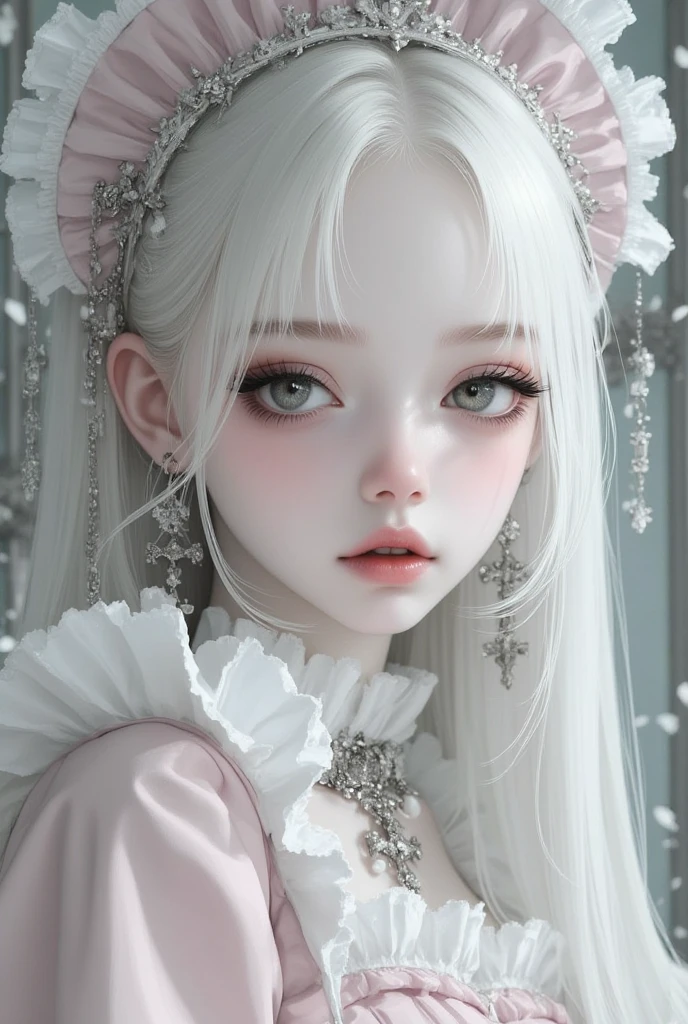 1girl, porland girl, portrait, white skin, smile, white hair, look at me, long eyelashes,thick eyelashes,ultra realistic, photo real, gothic dress, pink frills,maid costume,