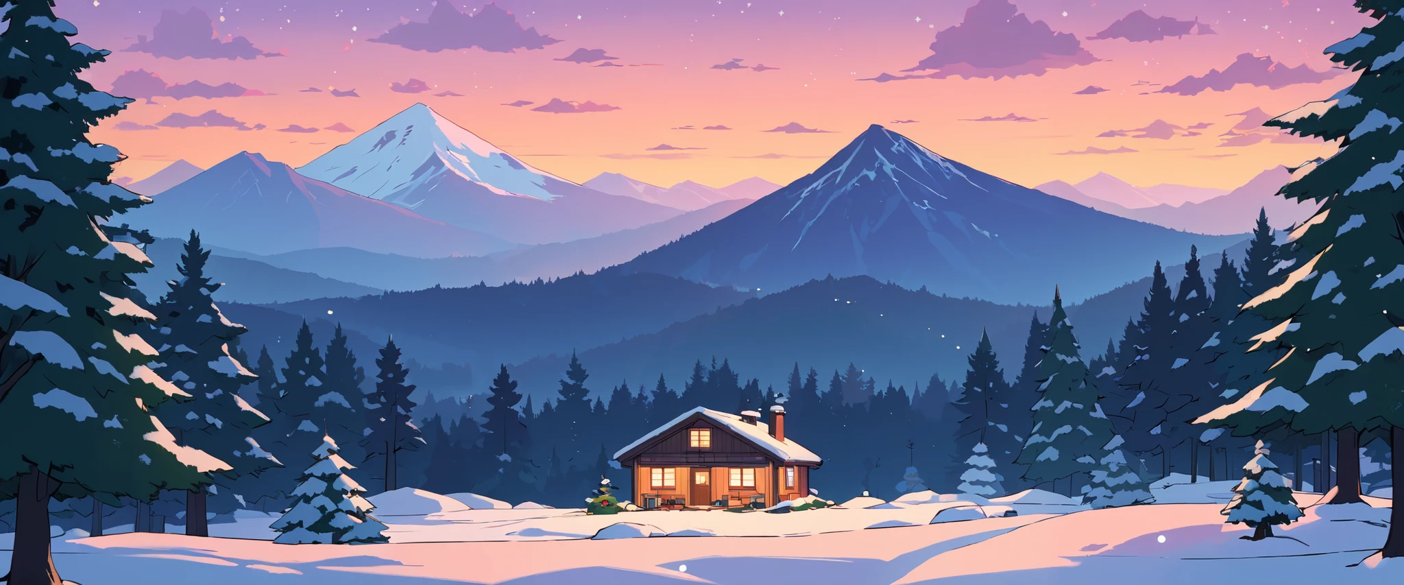 Christmas vibes ultrawide ,cozy ,lofi ,landscape ,forest ,mountain