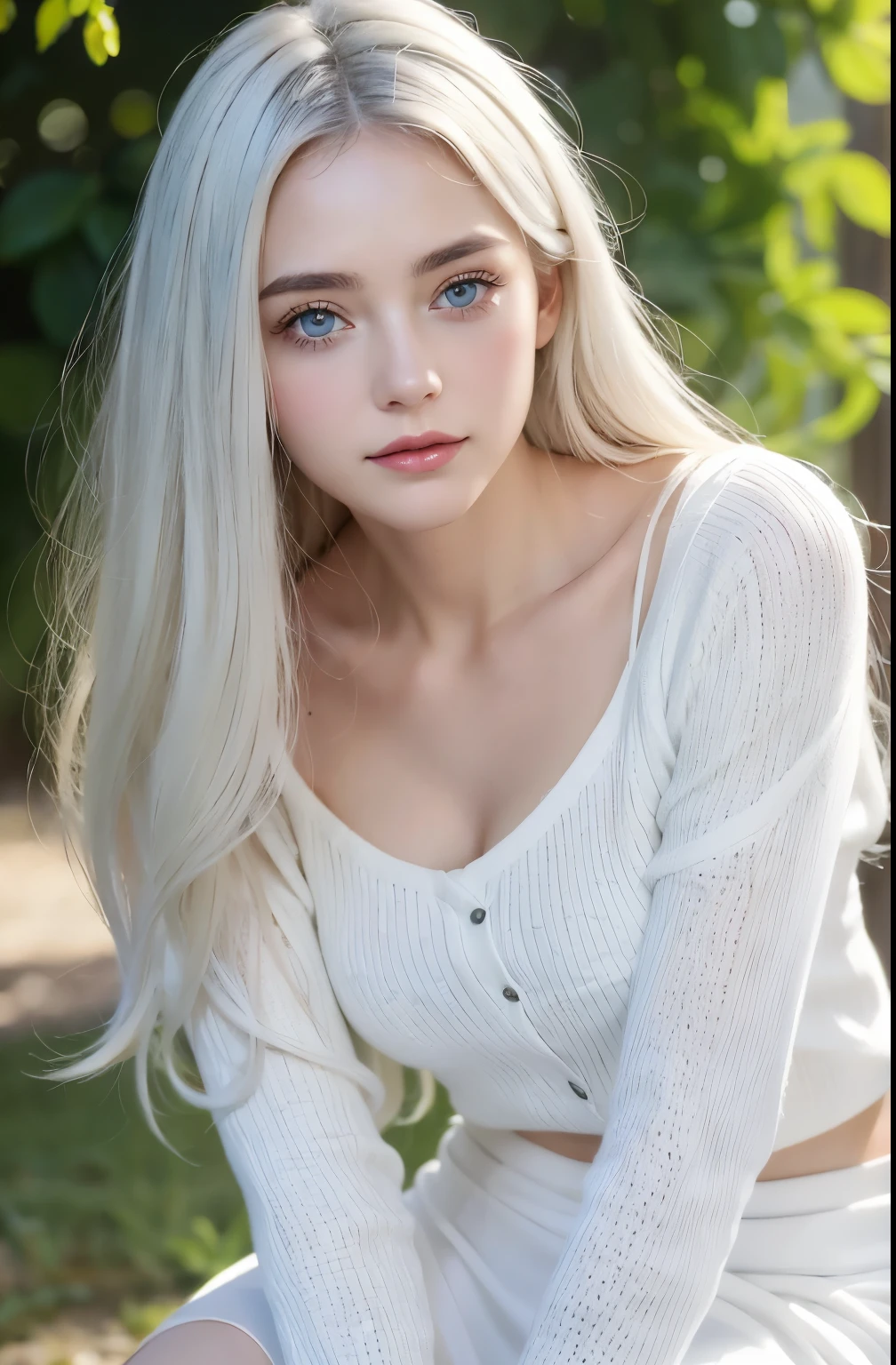 14Old white man model, Standing Photo above the knee,((Clean clothes)), white clothes, Natural light, Beautiful white woman, white hair, lazy smile, (8k, Live shooting, highest quality, masterpiece: 1.2), masterpiece, Super detailed, , High-definition RAW color photo, , , , wonderful, , highly detailed eyes, realistic skin texture, highly detailed fingers, very small nose, highly detailed mouth, , Photo above the knee, , See-through feeling、transparent processing、wearing tight clothes、, white hair, blue eyes, masterpiece, realistic skin texture, Super detailed, shiny hair and white skin, 、 natural skin texture、Woman looking young、Photo above the knee、blue eyes、、lowered eyebrows、innocent face、gentle and big eyes、natural skin texture、round face、kind eyes、long and pure white beautiful hair、、small face、No decorations included、white, droopy eyebrows、Mont Blanc