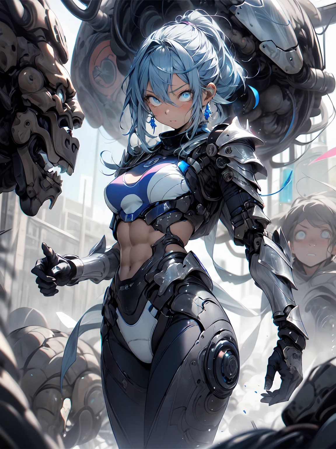 Be realistic、（masterpiece、 best quality、 best quality、 Very detailed、 fractal art、Most detailed、（The background is abstract：1.5）（1 Girl）、Kamimei、（ blue hair ponytail）、（Blue eyes sparkling、Big Breasts、 Tight Abs 、Stunned）、 crystals、 blue bikini、 sexy、Machine Armor、 Tanned Skin、（ PLUG SUIT）、irritated eyes 