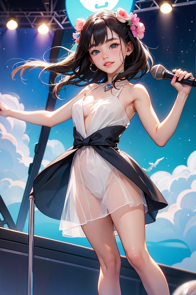a woman in a white dress holding a microphone on a stage, Al estilo de Ross Tran, Tendencias en CGVatstation, Sexy Pintura por Gal Gadot, inspirado por Ross Tran, Pintura digital RossDrew, RossDraw 1. 0, Ross Tran!!!, por Yang J, artgerm extremadamente detallado, RossDrawS 2. 5, Lois Rossdraw