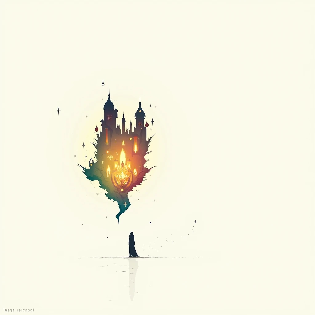 a broken glass art, a person in a golden flower field in front of a castle, poster art by Michelangelo , [:anime line art:0.2], Blood and Poison and Sound and Smoke themed, epic splash art , private press, , surrealism