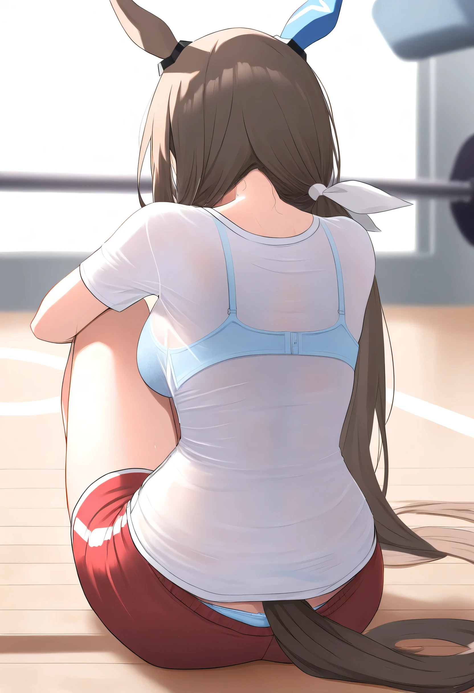 nsfw, ((1 girl)), cowboy shot, gym, umamusume, admire vega, sitting, on floor, hugging own legs, (from behind), (back), back shot, red shorts, (t-shirt), white t-shirt, blue bra, (bra visible through clothes), blue panty, panty peek, body without discomfort, chest, small curvaceous, medium breasts, ((masterpiece)), (best quality), (absurdres), (ultra detailed), (very aesthetic)