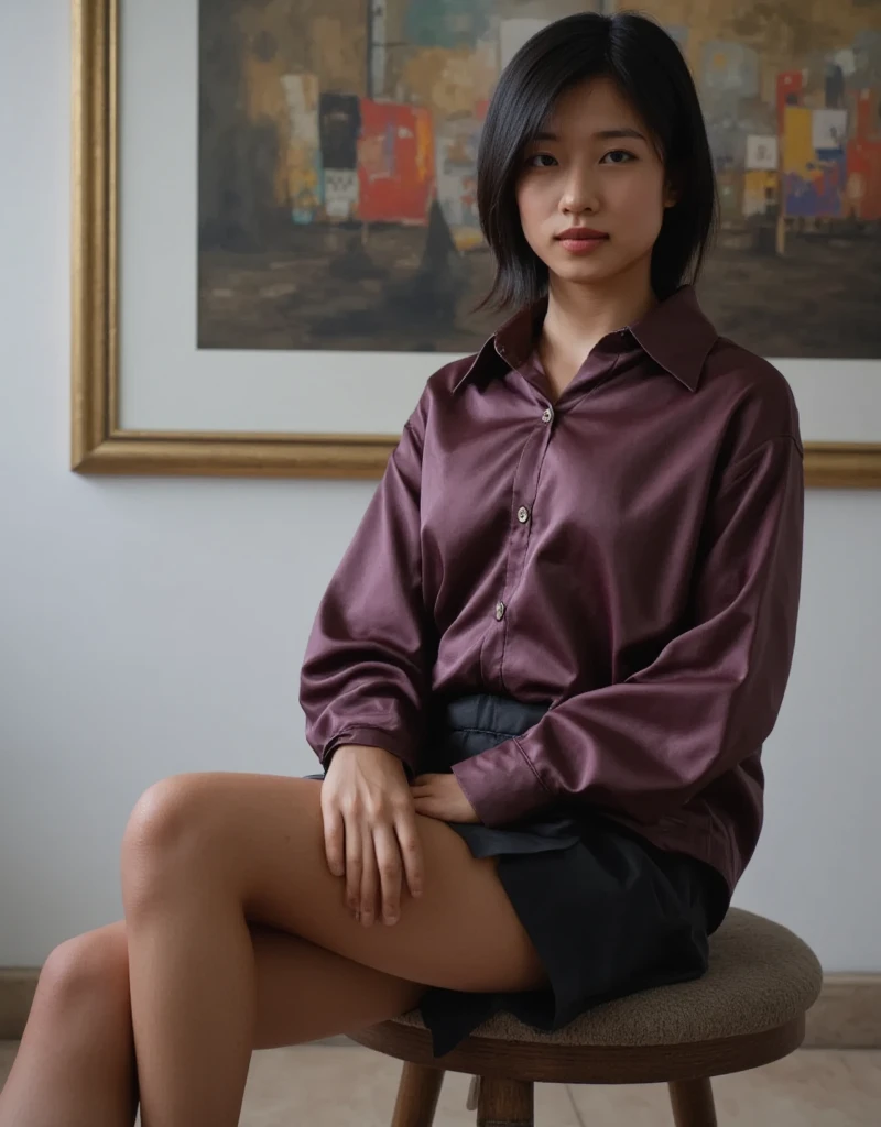 An attractive Asian model with short bob black hair is wearing a man's oversized satin deep purple shirt and black mini skirt, sitting confidently on an antique stool. The woman is looking to the side (open chest: 1.4) and sitting (crossed legs: 1.4). The woman is very thin and boasts a beautiful large chest. The small, long face, thin lips, long limbs, detailed skin, detailed costume, impressive three-dimensional light and shadow, realistic colors, soft light and dark shadows are effectively depicted, and in the background there is a large (abstract painting 1.4) painted on the wall with various colors, giving depth to the scene. The style expresses the beauty of the woman's appearance, and the woman's facial expression expresses confidence. High quality 8K image. Depth of field, the focus is on the woman and the wall behind her.