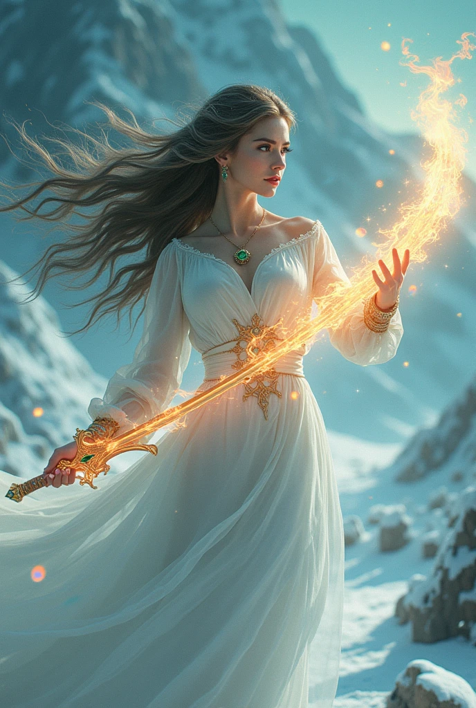 A beautiful woman with long flowing hair wielding an rainbow flaming sword, dancing in a snowy landscape, wearing a flowing white dress, adorned with emerald jewels, her confident smiling face surrounded by swirling clouds against a mountainous backdrop, (best quality,4k,8k,highres,masterpiece:1.2),ultra-detailed,(realistic,photorealistic,photo-realistic:1.37),extremely detailed eyes and face,longeyelashes,intricate ice sword,dramatic lighting,moody atmospheric,fantasy,cinematic,digital painting