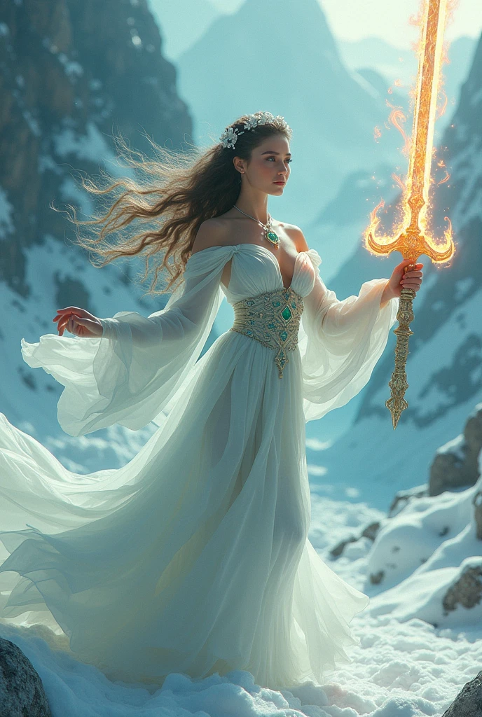 A beautiful woman with long flowing hair wielding an rainbow flaming sword, dancing in a snowy landscape, wearing a flowing white dress, adorned with emerald jewels, her confident smiling face surrounded by swirling clouds against a mountainous backdrop, (best quality,4k,8k,highres,masterpiece:1.2),ultra-detailed,(realistic,photorealistic,photo-realistic:1.37),extremely detailed eyes and face,longeyelashes,intricate ice sword,dramatic lighting,moody atmospheric,fantasy,cinematic,digital painting