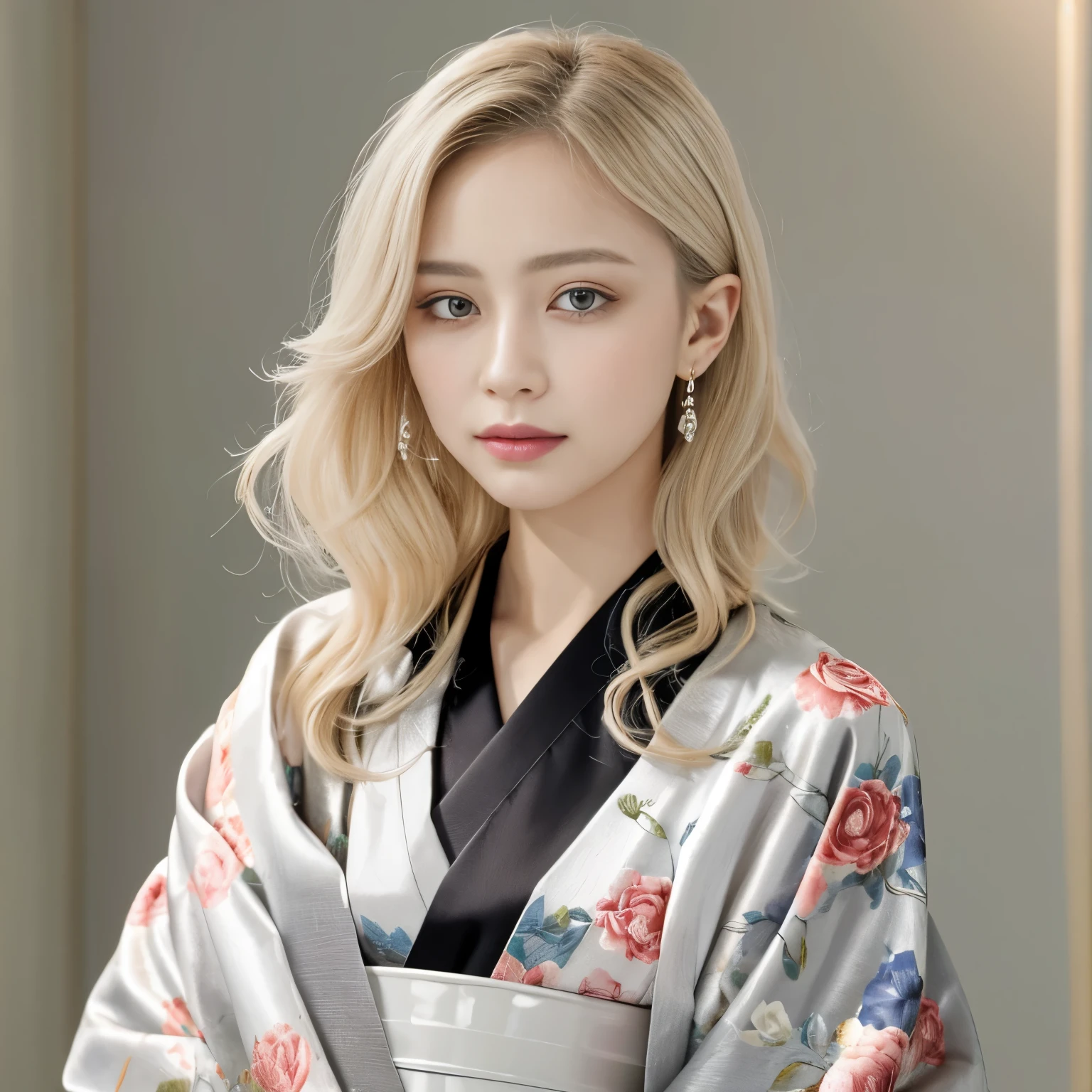 8k）、（best image quality:1.5）、gray background、close up of face、１girl、masterpiece、delicate and sharp eyes、brown eyes、eye power、delicate face、cup、fascinating face、platinum blonde hair、Semi-long wave、japanese kimono、white kimono、Kimono with visible collarbone、gal、Emphasis on the clavicle、earrings、