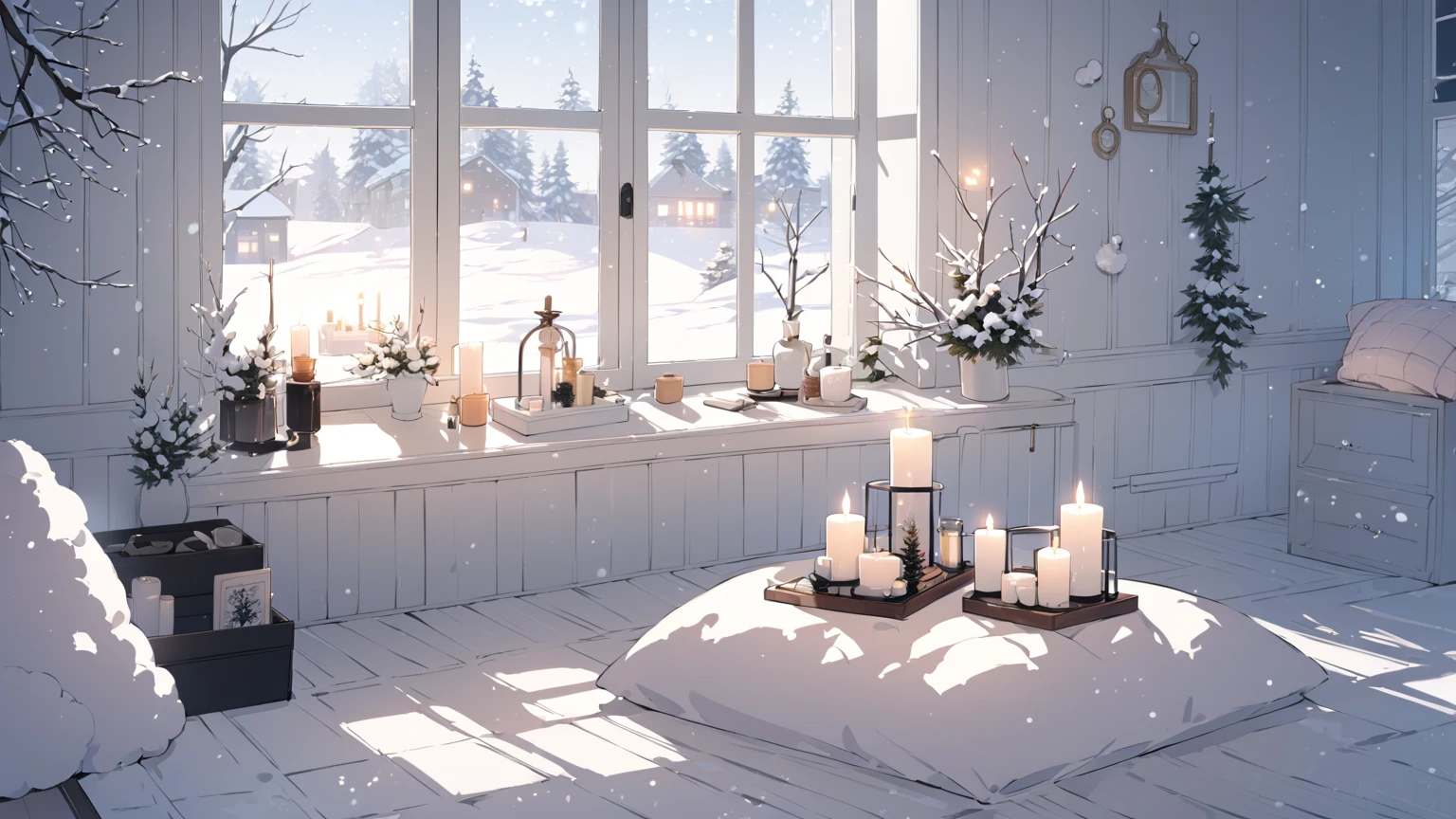  fashionable,Cute Room Background, simple,window,warm,An aroma candle is placed, bright ,winter, Calm 