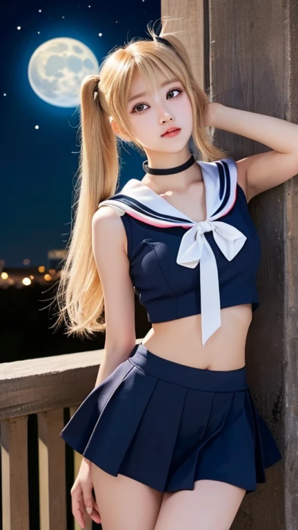  1 girl, (a beauty girl,  delicate girl,  beautiful girl with a fan , Innocent girl:1.3), (:1.3),
break, (  sailor moon costume :1.3), ( COWBOY SHOOTING ,  skirt),
break, (Giant Moon,   moonlight background :1.3),
break,  Picture taken showing , ( symmetrical eyes next to woman :1.3),
break, ( flat chested:0.5), (Round face, baby face), ( Brown Eyes ), Split bangs, ( blonde hair :1.3,  twin tails:1.2),
break, ( Detailed Eyes and Faces :1.0),
break, (masterpiece,  best quality,   super detailed ,  detailed face , 8k)