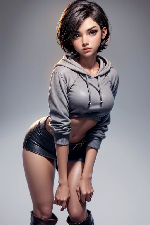 Show entire body, photorealistic 32k intricate view of an Asian female, dark brown skin, pixie haircut, warehouse, tight t-shirt, short skirt, black pantyhose, no shoes, sitting