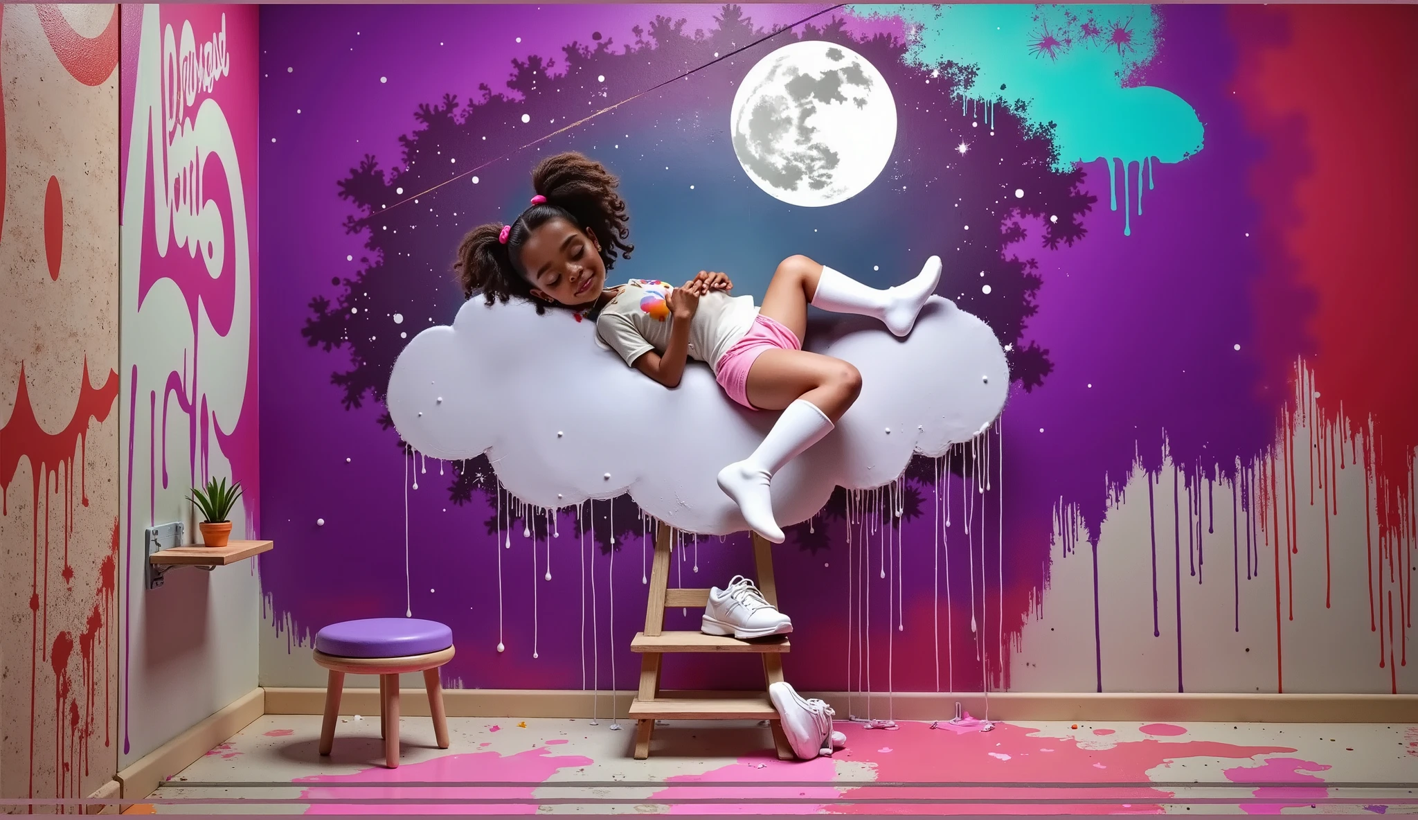 Inspired by the art of Disney Pixar movie posters in high quality and high resolution, create the image of a age: 10y, 10 anos de idade, yo , age: 10, attractive body, 1.35 m tallgirl with light brown skin, curly hair tied in two ponytails like plum pink in her hair, wearing a white t-shirt without any print and a pair of short pink shorts, white knee-high socks and just below there is a small two-step ladder with the sneakers she has just taken off, white sneakers. An important detail is that the entire environment is dirty with paint with stains of paint that gives a liveliness and artistic inspiration to the moment. The girl is also all dirty with paint. She is beautiful, she is 1.35 m tall with an attractive, sensual body, she wears clothes that highlight her beautiful and attractive body. She is involved in a surreal artistic scene where she will imaginarily lie down, rest, sleep, with her eyes closed, in a white cloud that runs down the wall that she herself painted the scene takes place in a painting that highlights a night with a full moon and stars it is a breathtaking scene