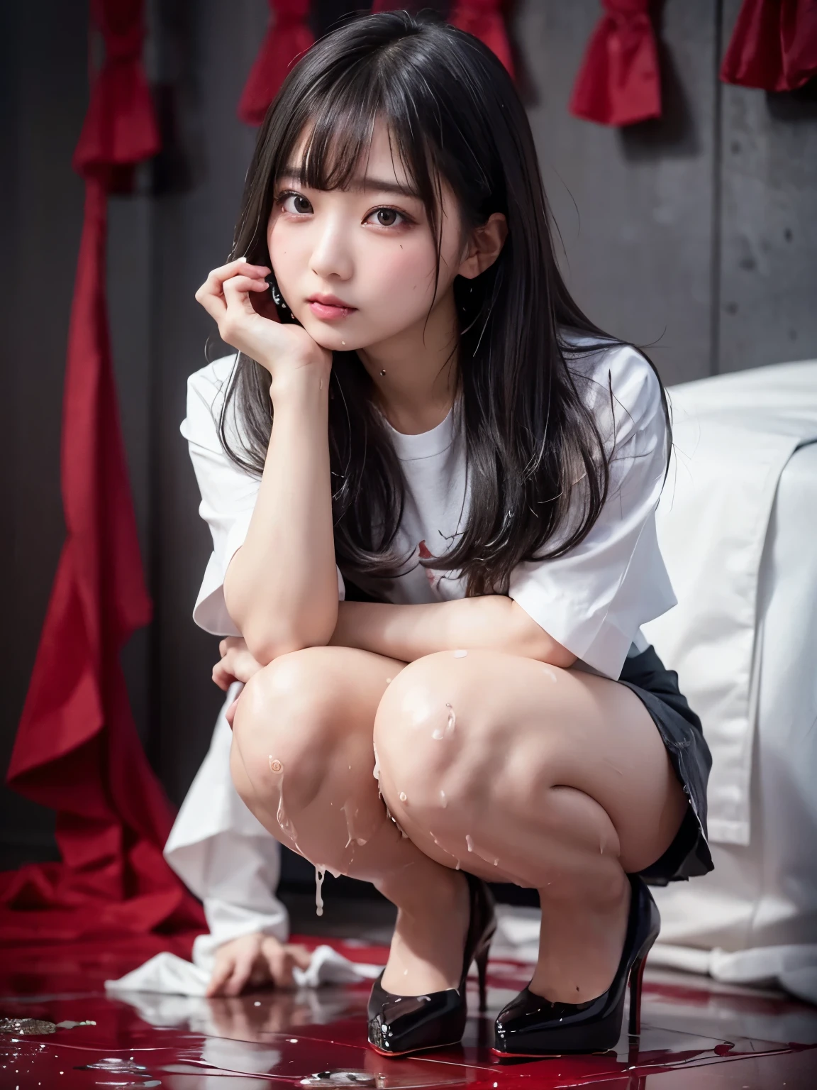 Arafed Asian girl, double eyelid, well designed hands, perfect legs, oppened legs, black high heels, gray hair, big ass, white shirt, gray skirt, (the pubic area is visible), ((dripping menstrual blood)), squat, bottom view, 