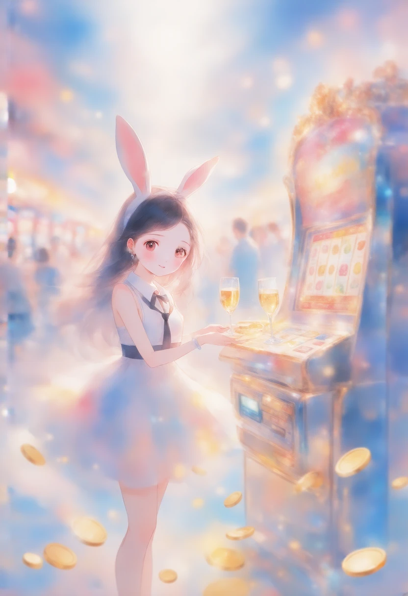 Stand next to a slot machine, female, teenage, necktie, black hair, detailed animation, realistic,digital product artwork,very detail illustration, 2 Champagne glass on a tray, cute girl, bunny girl costume, ,flat breast, Shy, silky skin, leather, Pastel, khaos, Absurd, Detailed eyes, beautiful face, very detailed hair , Luxury Casino,background:1 luxury slot machines, coins are overflowing, background: Casino players, Godly drawing, Soft line art,Soft drawing, Sparkle,artist:mitsumi misato,