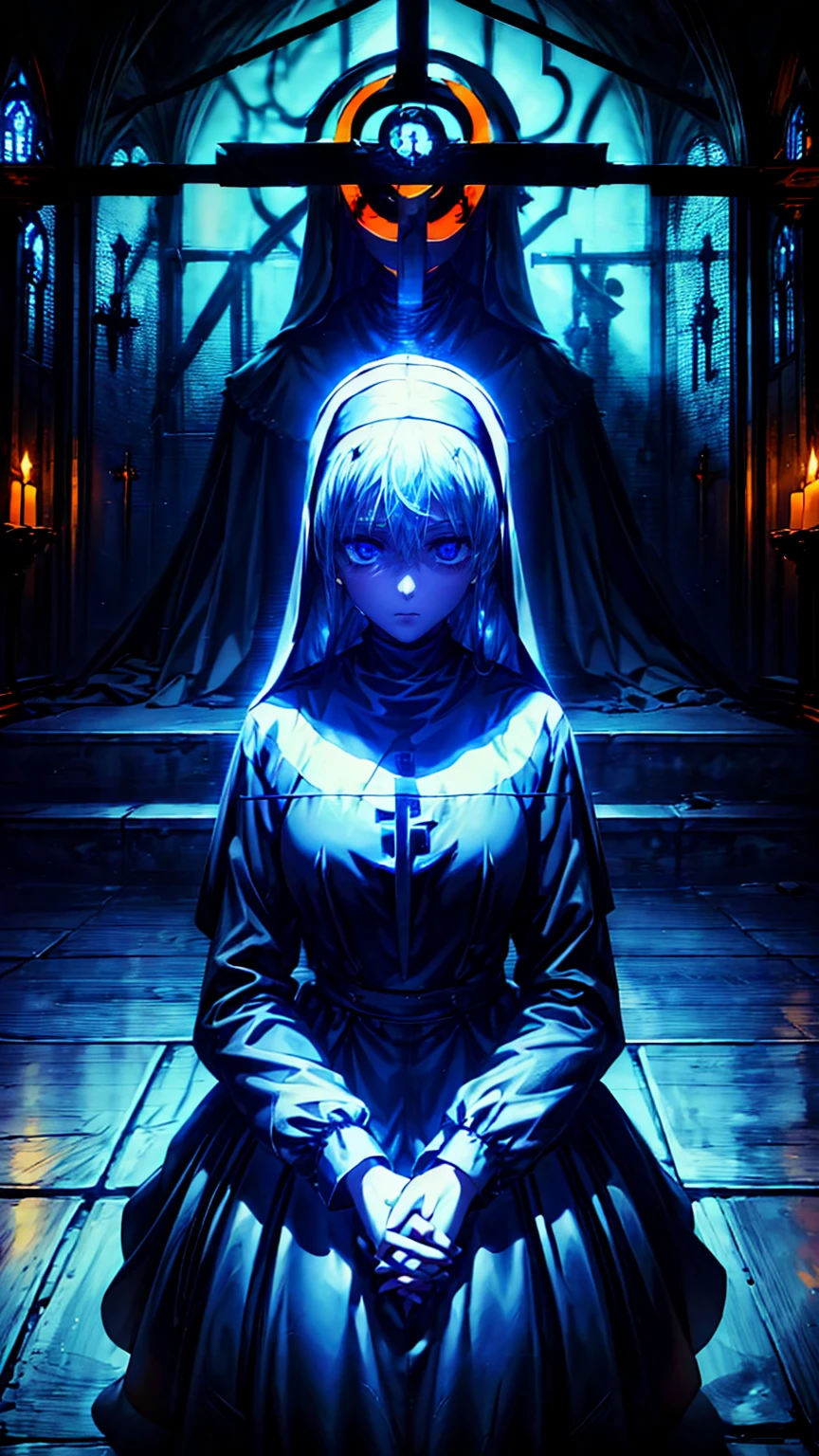 Illustration,  best quality,   1 girl,    Nun with Silver Hair and Bright Blue Eyes ,   Above Broken Walls   ,    Holding Hands and Praying   , solemn look  ,    Dark Church of Satanic Worship    ,Devil's statue ,    Dark Nun Without Stained Glass  ,   Candlelight only  ,   dark and gloomy atmosphere  ,  Despair and Helplessness  ,    gothic and eerie atmosphere   ,    Dark Nun Clothes Reflecting Shadows   