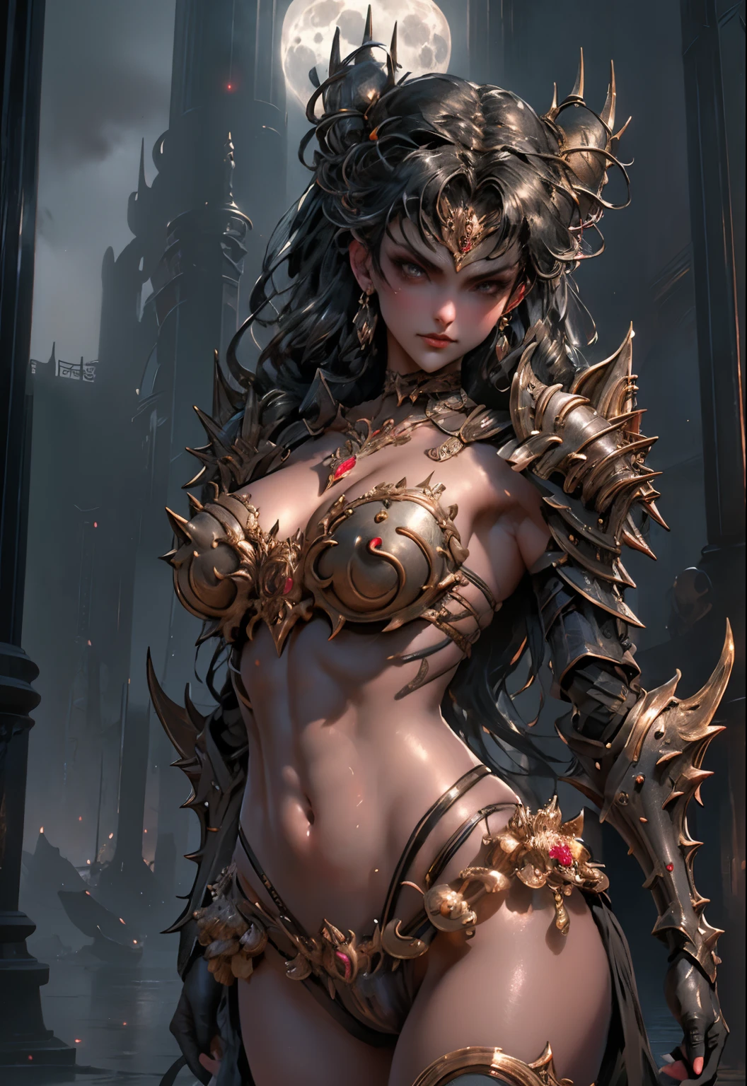 Prompt: Beautiful Alluring Ornate female gothic Knight sailormoon, Bare Skin, Athletic Well Toned Body, Elegant Form, gothick black make up, spiked choker, outside a temple at nighttimi, fullmoon, Spikes, metal armor bikini, Beautiful Face, Ominous Gothic Theme, Fiverr Dnd Character, Octane Render, Digital Art, Extreme Detail, 4k, Ultra Hd, Polished, Beautiful, Hyperdetailed, Intricate, Elaborate, Meticulous, Photorealistic, Sharp Focus, Wlop, Character Design, Unreal Engine, 3d Rendered, Volumetric Lighting, Reflections, Glossy, Digital Illustration, Sensual Pose, Suggestive Pose, Lewd, Full Body Shot, anatomically correct 💖❤💕💋❣