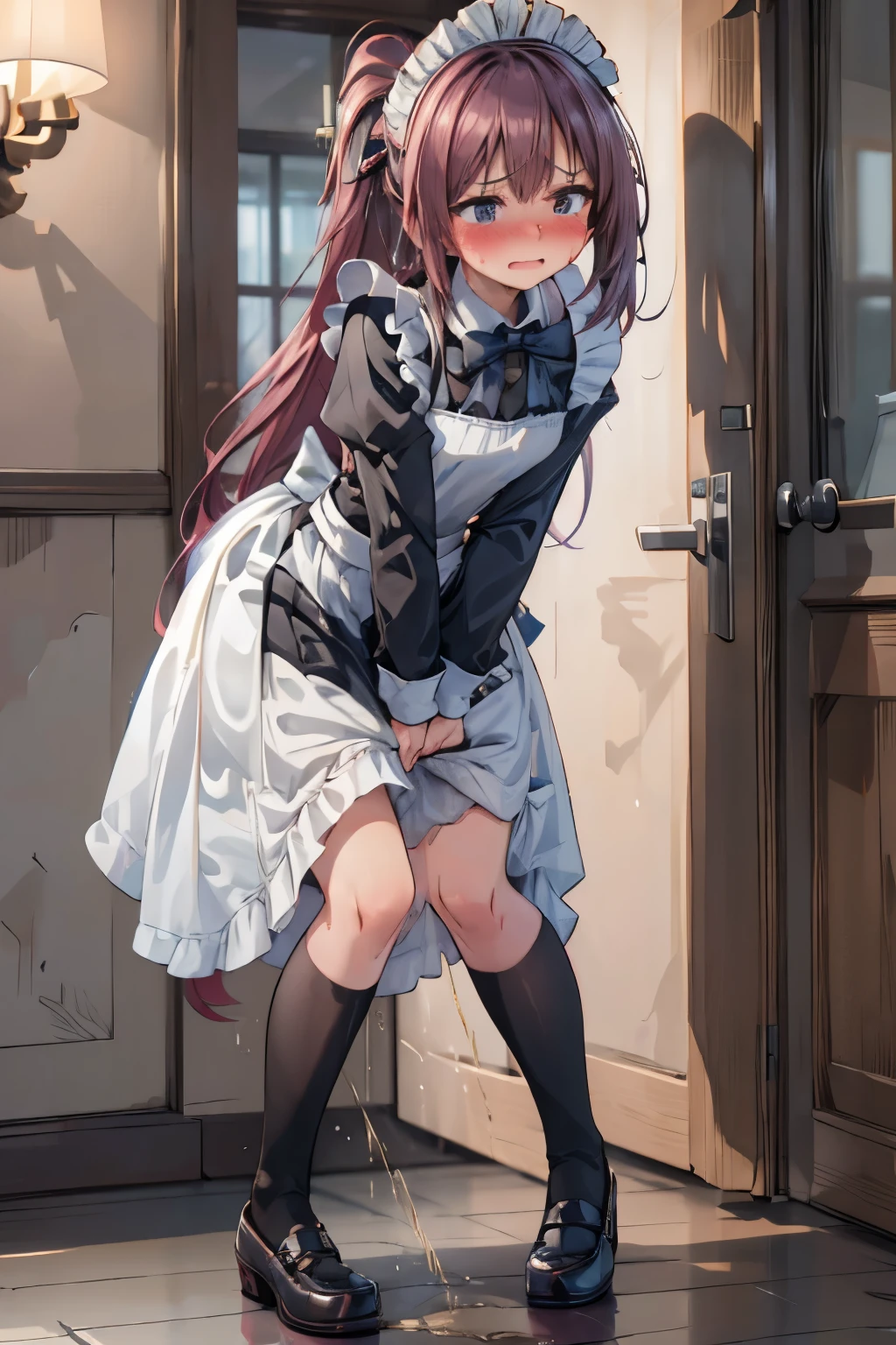 (8K, ultra-detailed, best quality, anatomically perfect body:2), (middle breast:1.2), shiny skin, (1 girl), (have to pee), (urge to pee), (very desperate to pee), girl rushing to the toilet, (Standing on tiptoe:1.5), (fidget:2), (transparent peeing, wetting self:0.1), (Victorian maid:1.3), (mary Jane shoes:1.3), (leaning forward:1.3), (shrugs:1.6), (orgasm:1.1), (full face blush:1.7), (embarrassment:1.6), (impatience:1.7), (flustered:1.5), (flowing sweat:0.7), (twist whole body:1.6), (panting), breathless, (Humiliation), (Erotic feelings), (closed eyes:0.9), (looking down), (tear:1.4), (head tilt:1.2), (wavy mouth:0.7), (SIGMA 105 mm F/2.8, 1/100 sec shutter, award-winning), nsfw,