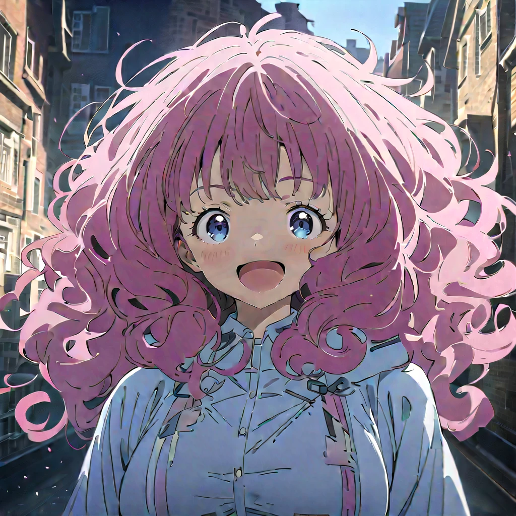 (((masterpiece))),((( best quality))),((( Extremely detailed))), Best Quality, high definition , 1 girl, Alone, Yanami_Anna (Make-in), Big Breasts,  dark blue eyes,  pink hair, Thick Hair, curly hair, Double Exposure, smile,  excited ,Town,Attack pose