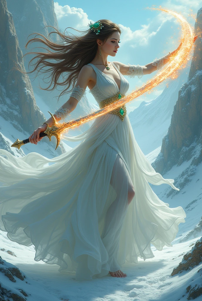 A beautiful woman with long flowing hair wielding an rainbow flaming sword, dancing in a snowy landscape, wearing a flowing white dress, adorned with emerald jewels, her confident smiling face surrounded by swirling clouds against a mountainous backdrop, (best quality,4k,8k,highres,masterpiece:1.2),ultra-detailed,(realistic,photorealistic,photo-realistic:1.37),extremely detailed eyes and face,longeyelashes,intricate ice sword,dramatic lighting,moody atmospheric,fantasy,cinematic,digital painting