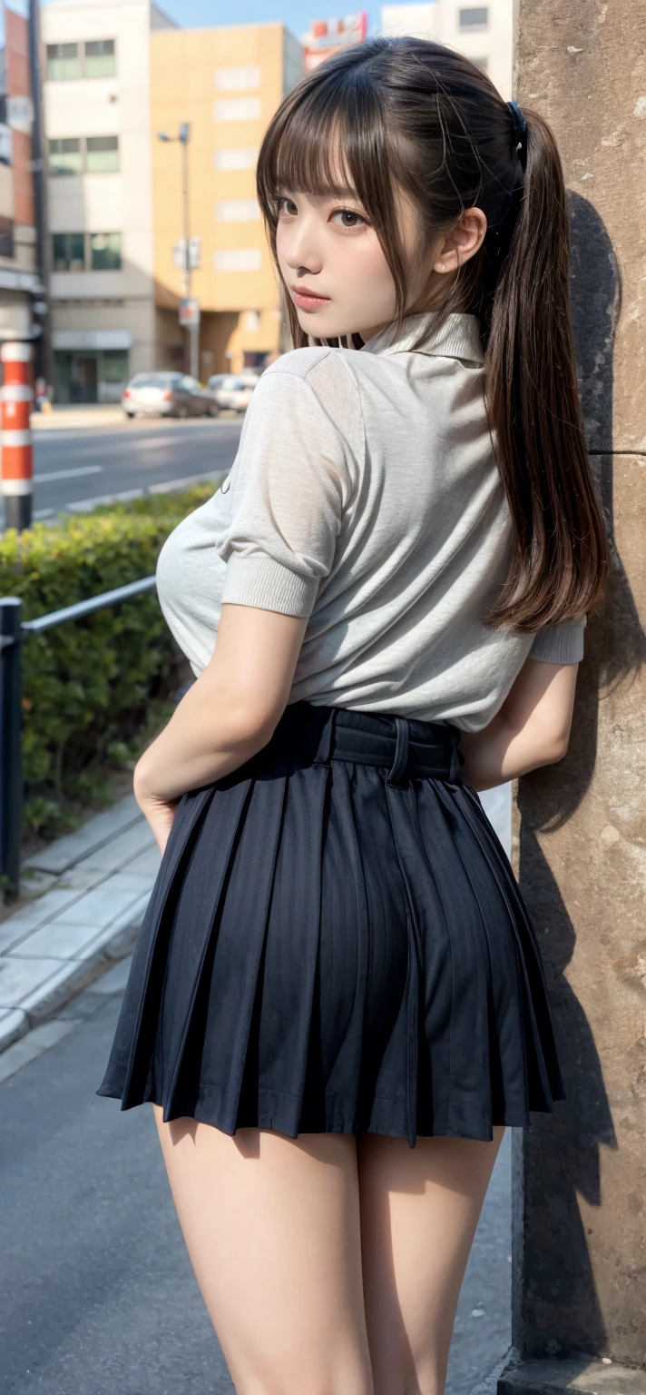 ((top-quality、8K、​masterpiece：1.3))、foco nítido：1.2、Beautiful Women in Perfect Style：1.4、Slender Abs：1.2、((dark brown hair、Colossal tits：1.2))、(natural soft light、City Street:1.1)、Highly detailed facial and skin texture、A detailed eye、二重まぶた、Sexy schoolgirl in miniskirt sailor suit、A slight smil,Facing backwards,Wearing T-back panties,Sexy ass visible,emphasis on the buttocks