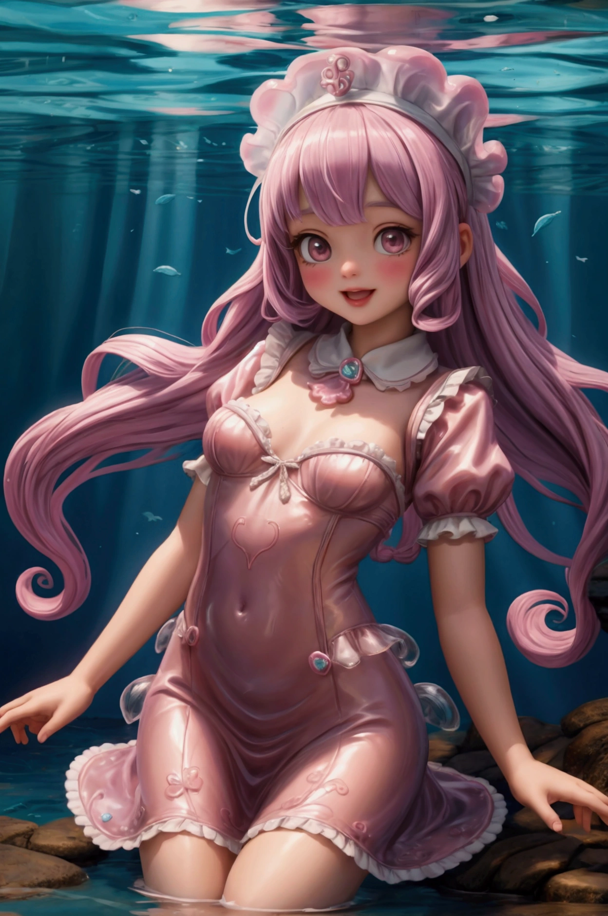 (((beautiful swimsuit)))、undine, elaborate illustrations, cute expression, Powerful and beautiful eye shadow, delicate and shining eyes, best quality, beauty ballerina、purple gradient hair (pink highlights)、big bust, thick thighs((whole body))、((photo taken under water)))、Undersea(various colored coral reefs, jellyfish,)
