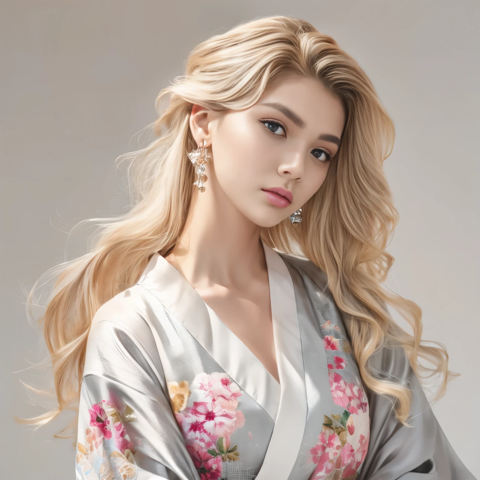 8k）、（best image quality:1.5）、gray background、close up of face、１girl、masterpiece、delicate and sharp eyes、brown eyes、eye power、delicate face、cup、fascinating face、platinum blonde hair、Semi-long wave、japanese kimono、white kimono、Kimono with visible collarbone、gal、Emphasis on the clavicle、earrings、