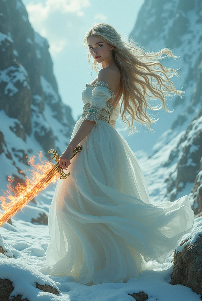 A beautiful woman with long flowing hair wielding an rainbow flaming sword, dancing in a snowy landscape, wearing a flowing white dress, adorned with emerald jewels, her confident smiling face surrounded by swirling clouds against a mountainous backdrop, (best quality,4k,8k,highres,masterpiece:1.2),ultra-detailed,(realistic,photorealistic,photo-realistic:1.37),extremely detailed eyes and face,longeyelashes,intricate ice sword,dramatic lighting,moody atmospheric,fantasy,cinematic,digital painting