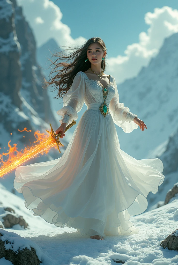 A beautiful woman with long flowing hair wielding an rainbow flaming sword, dancing in a snowy landscape, wearing a flowing white dress, adorned with emerald jewels, her confident smiling face surrounded by swirling clouds against a mountainous backdrop, (best quality,4k,8k,highres,masterpiece:1.2),ultra-detailed,(realistic,photorealistic,photo-realistic:1.37),extremely detailed eyes and face,longeyelashes,intricate ice sword,dramatic lighting,moody atmospheric,fantasy,cinematic,digital painting