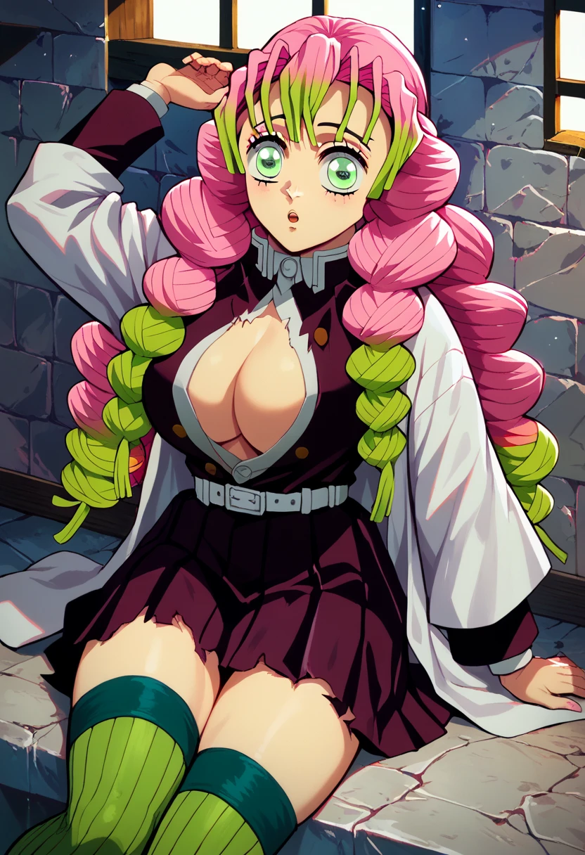 (( top quality )), (( Masterpiece)), (Familiar with),  Perfect Face, Big eyes, eyelash, (Demon Slayer), (Mitsuri Kanroji), (  without skirt ), background, Prison cell, Long hair, Two-tone hair, Pink hair, Green hair, Green eyes,  big breasts, Sleeping with legs spread open, Green Stockings , Torn clothes,