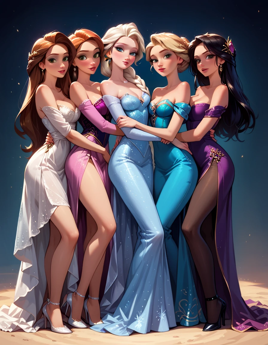 score_9, score_8_up, score_7_up, score_6_up, rating_questionable, 4girls, group, beautiful waifu, very sexy Anna, Elsa, Ranpunzel, and Megara, embracing, wearing (beautiful ballgowns, bare shoulders:1.1), high heels, sexy look, eyes half-closed, filled lips, thick lips, detailed eyes, detailed face, dimly lit, perfect hands, (Hand, detailed, perfect, perfection, hands:1.2), perfect proportions, simple background, (cowboy shot:1.4).