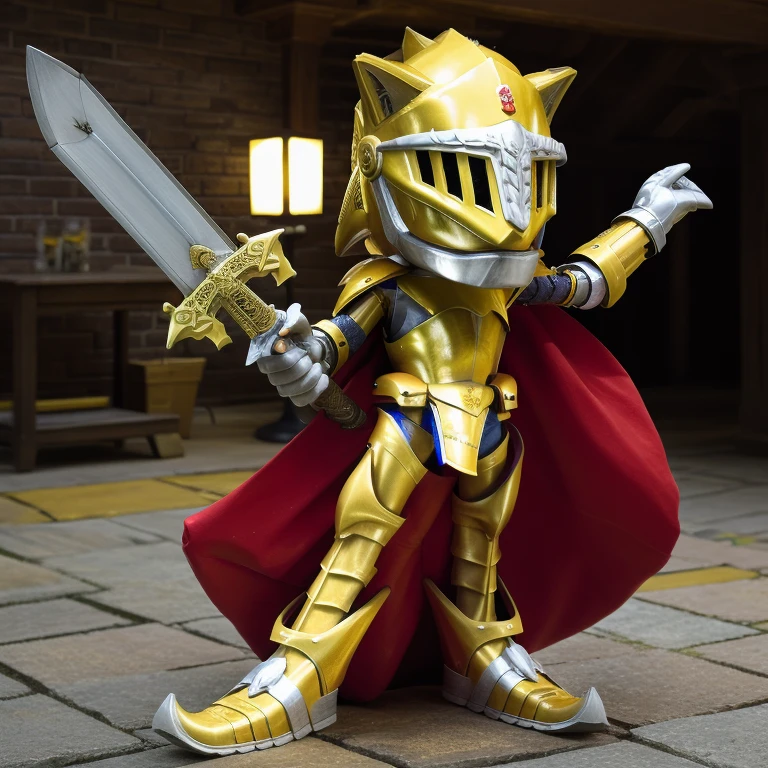 Tall, High quality, nonblurry, male focus, Ultra HD, HDR, 8K, smooth lighting, solo, (fully clothed, masterpiece, photorealistic, good shading, studio quality), (Excalibur Sonic, golden armor, helmet, no face, holding sword, red cape, upturned and pointy shoes), best_quality, perfect quality, cinematic lighting, highest quality, intricate details