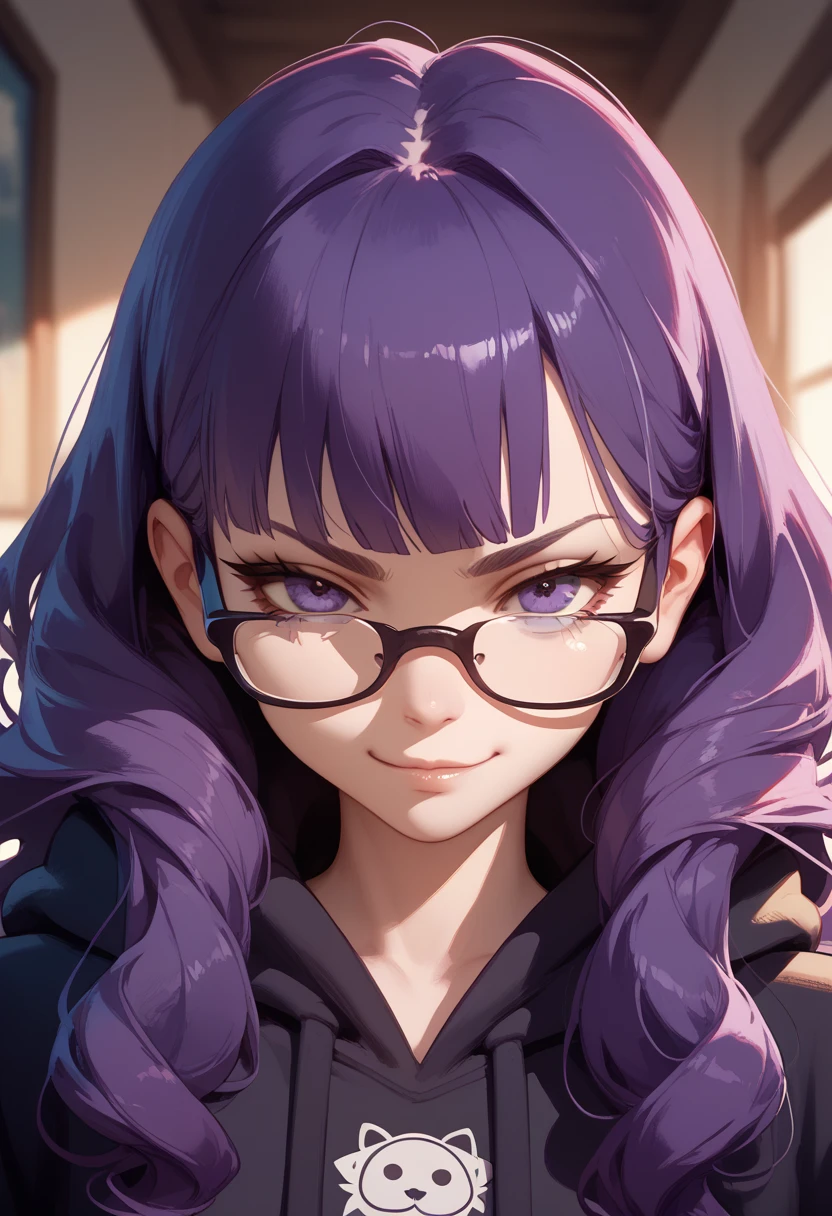 ((masterpiece)), 1girl, solo, long hair, dark purple hair, wearing glasses, sharp glasses, sly smirk, oversize hoodie, oversize sleeves, lesbian, cruel, sadistic smirk, looking at viewer, young, very young. 