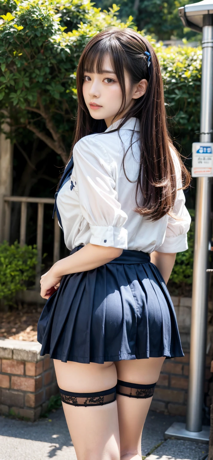 ((Highest quality、masterpiece、、Best image quality、Ultra-high resolution、Award-winning works)、(White blouse、Tight mini skirt in navy blue:1.8)、White panties、(Accurate anatomy:1.1)、(classroom:1.2)、blue sky、((Rear View、Show me your ass:1.8))、(Look back at me and smile:1.1)、smile、Ultra-high resolution for bright and fair skin、The most detailed face、Ultra-high resolution detailed face、Ultra-high resolutionの髪の毛、Ultra-high resolutionの煌めく瞳、Beautiful face drawn in every detail、(Blurred Background:1.1)、very bright and vivid、beautiful japanese actress face、Dimly lit classroom:1.1)、((whole body:1.6))、Beautiful breasts