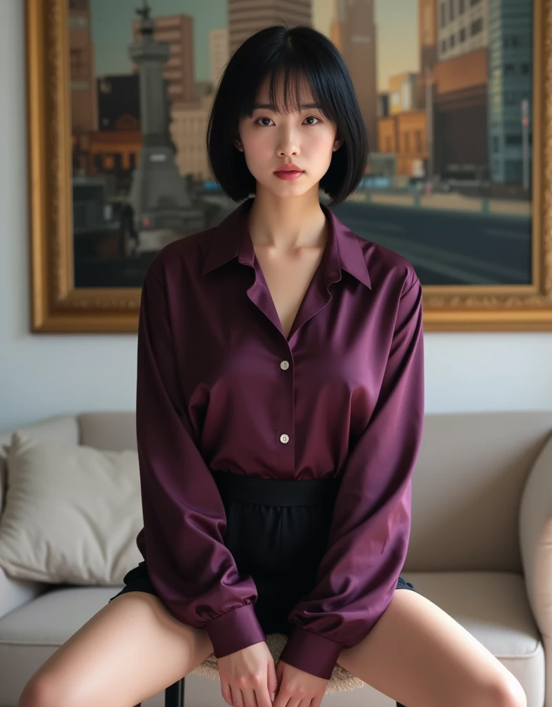 An attractive Asian model with short bob black hair is wearing a man's oversized satin deep purple shirt and a black mini skirt, sitting confidently on a simple stool. The woman is looking to the side (open chest: 1.4) and sitting (crossed legs: 1.4). The woman is very thin and boasts a beautiful large chest. The small, long face, thin lips, long limbs, (accurate depiction of fingers), detailed depiction of skin, detailed depiction of costume, impressive three-dimensional depiction of light and shadow, realistic and effectively depicting colors and soft light and dark shadows. In the background, there is a large (abstract painting 1.4) painted on the wall with various colors, giving depth to the scene. The style expresses the beauty of the woman's appearance, and the woman's expression expresses confidence. High quality 8K image. Depth of field, the focus is on the woman and the wall behind her.